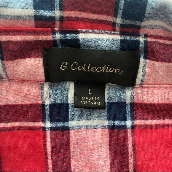 G Collection Red, White, and Blue Plaid Flannel Button Down with Front Tie - Picture 4 of 9